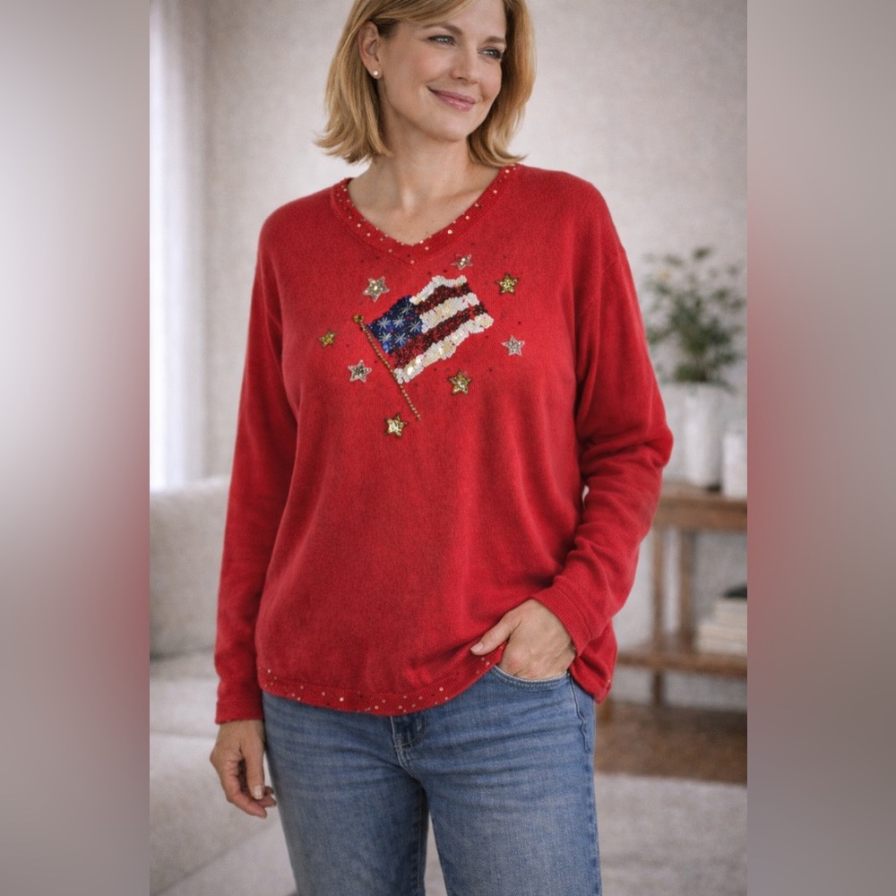Quacker Factory Patriotic USA Flag Sequin Stars Red Knit‎ Sweater Small